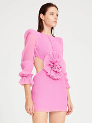 Pink cutout mini dress with sculpted flower waist detail