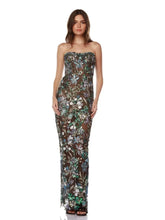 Strapless floral sequin mesh column gown on white background