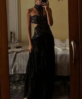 Black lace halter neck maxi gown with tiered ruffles