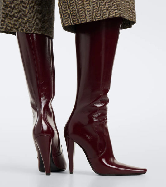Burgundy pointed slim high-heeled knee-high boots
