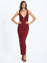 Pearl embellished deep plunge V-neck sleeveless red formal gown