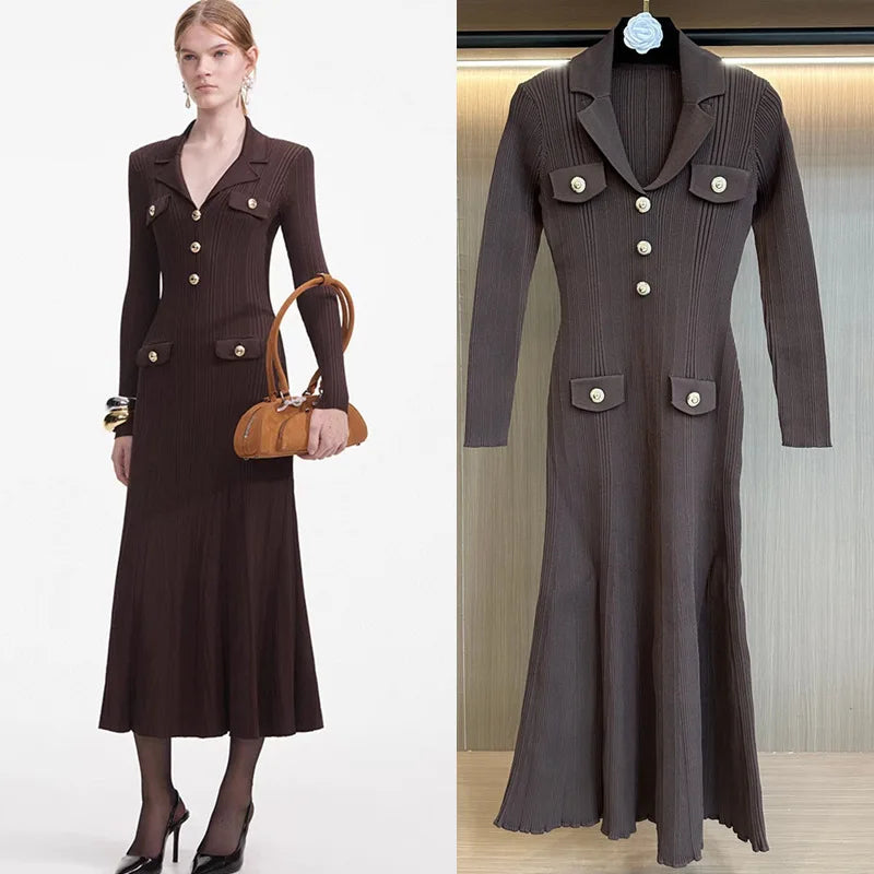 Brown dress with buttons worn by a model and on a hanger against a neutral background.