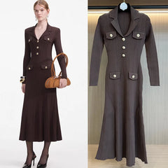 Brown dress with buttons worn by a model and on a hanger against a neutral background.