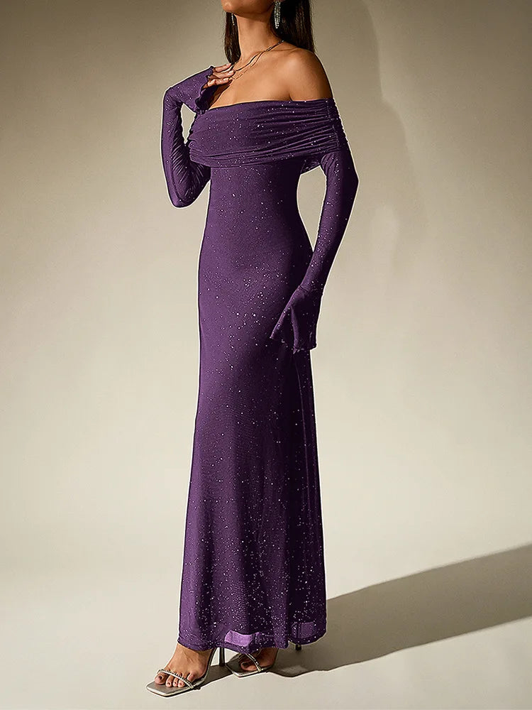 Purple off-shoulder long-sleeve gown on a neutral background
