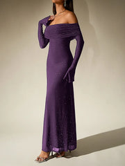 Purple off-shoulder long-sleeve gown on a neutral background
