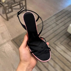 Black Satin Strappy Stiletto Heel With Pink Sole
