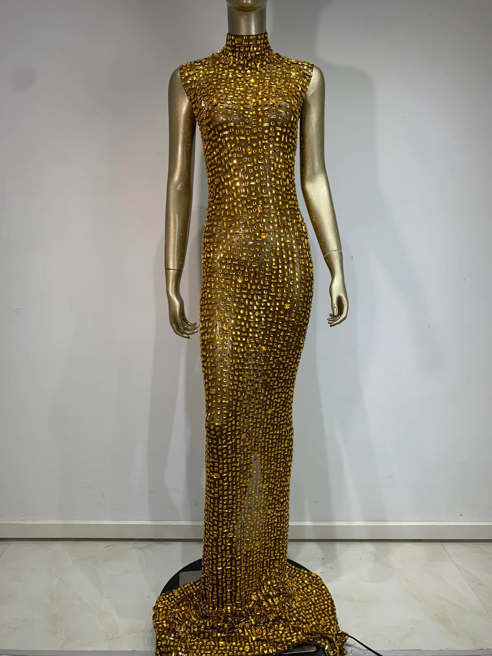 Gold embellished mock neck maxi dress