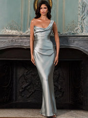 One shoulder cowl neck maxi dress in light blue satin