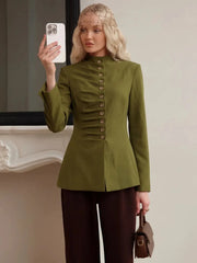 Ruched Pleated Buttoned Mandarin Collar Blazer