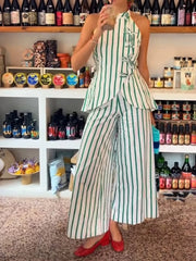 Striped Lace-Up Halter Top Co-ord Set with Wide-Leg Pants