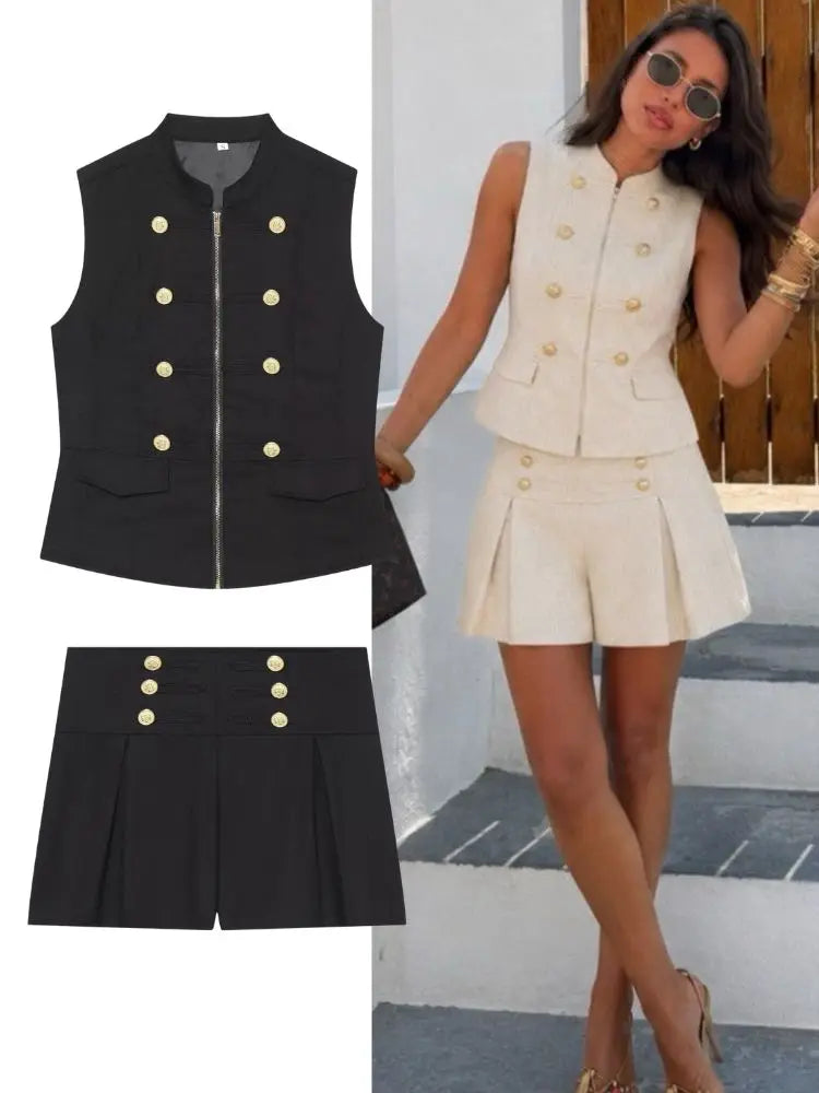 Beige linen blend stand collar vest and pleated shorts set on a woman