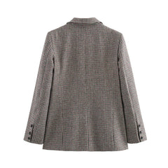 Back view of a gray checkered blazer on a white background