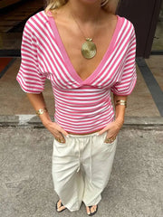 V-neck striped knit cropped top with dolman sleeves and ruched front