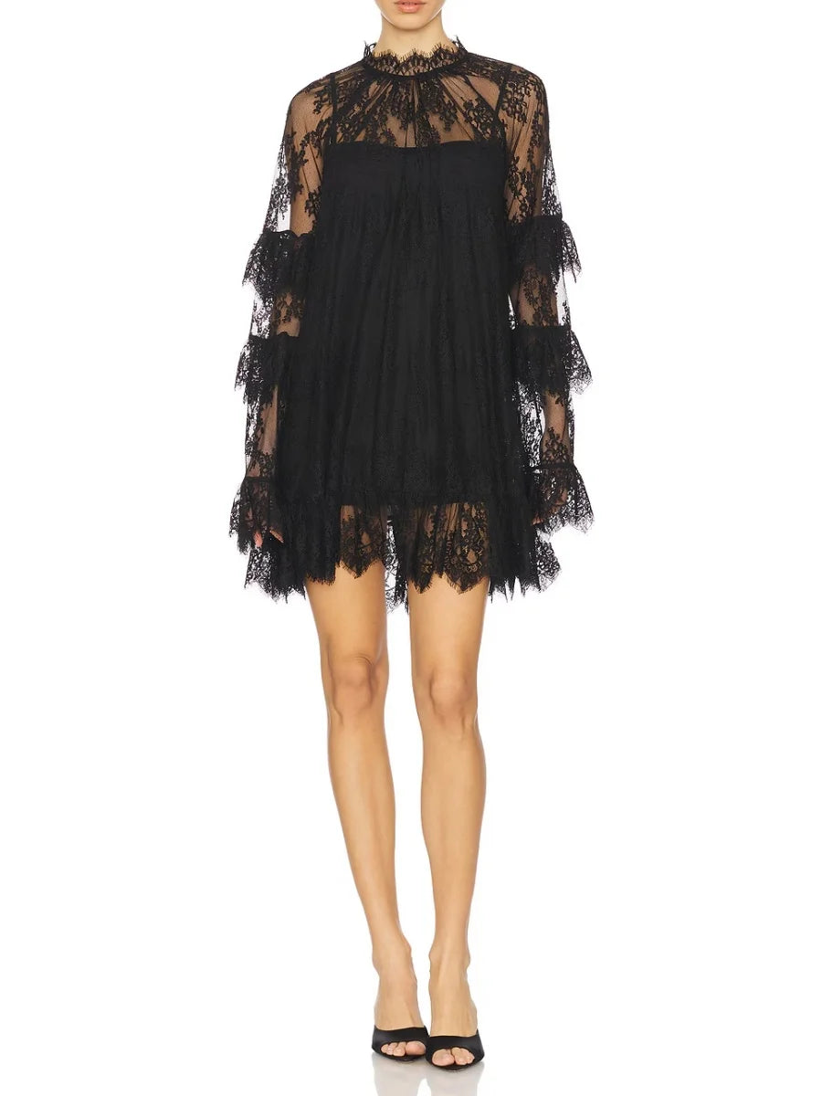 Black lace mini full sleeved dress