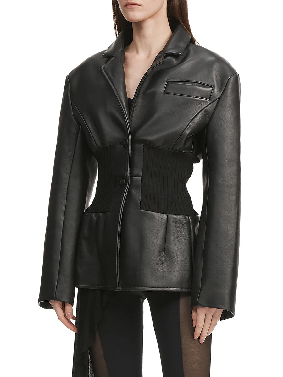 Black leather jacket worn by a model