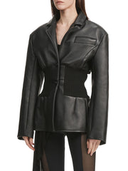 Black leather jacket worn by a model