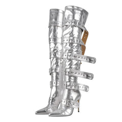 Pointed Toe Over The Knee Buckle Strap Boots