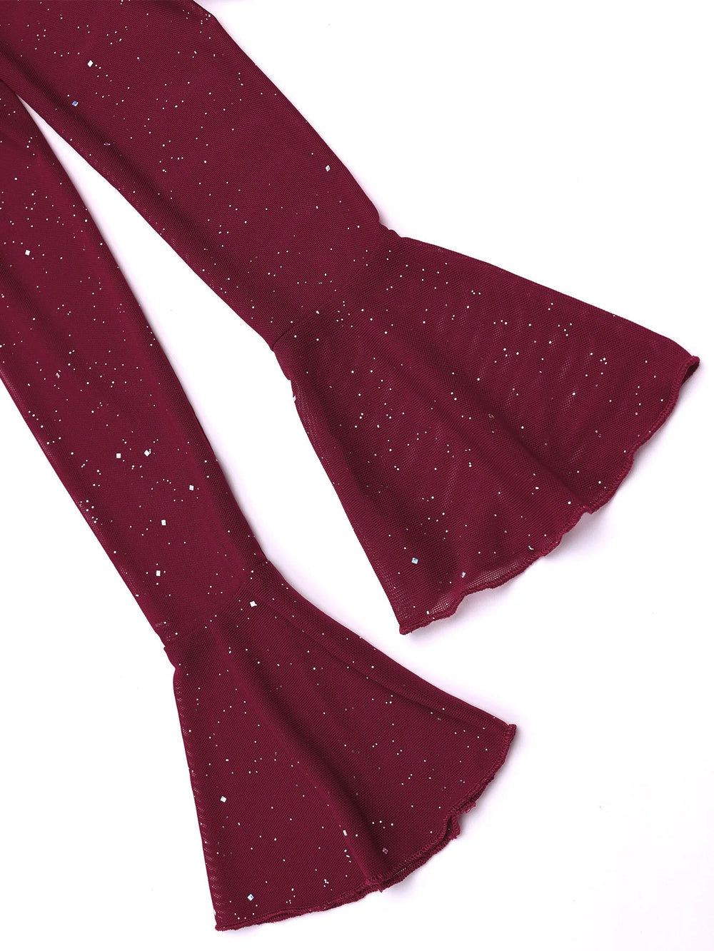 Maroon tights with glittery specks on a white background