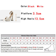 Product information card for women's high-heeled shoes with size chart and measurements.