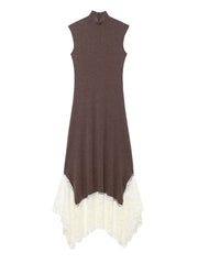 Brown dress with white lace hem on a white background
