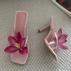 Floral Embellished Square Toe Heels