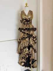 Metallic Tiered Halter Maxi Dress with Frill Layers