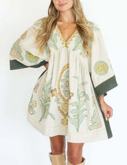 Cream mini dress with green and yellow floral embroidery