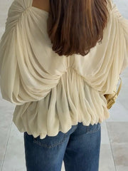 Deep V-Neck Ruched Batwing Sleeve Blouse