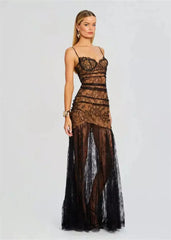Black Lace Mesh Bodycon Gown with Sheer Overlay