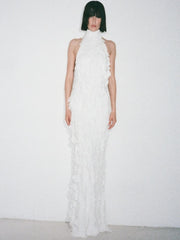 Halter Neck 3D Square Fringe Patchwork Maxi Dress