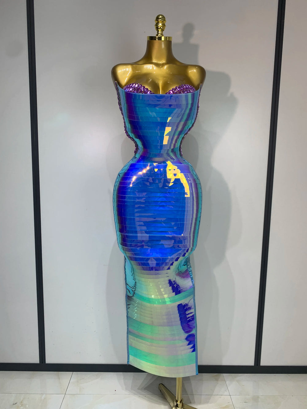 Strapless crystal-embellished bodycon maxi dress in sky blue.