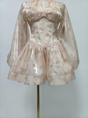 Pink Floral Puff Sleeve High Neck Scarf Mini Dress