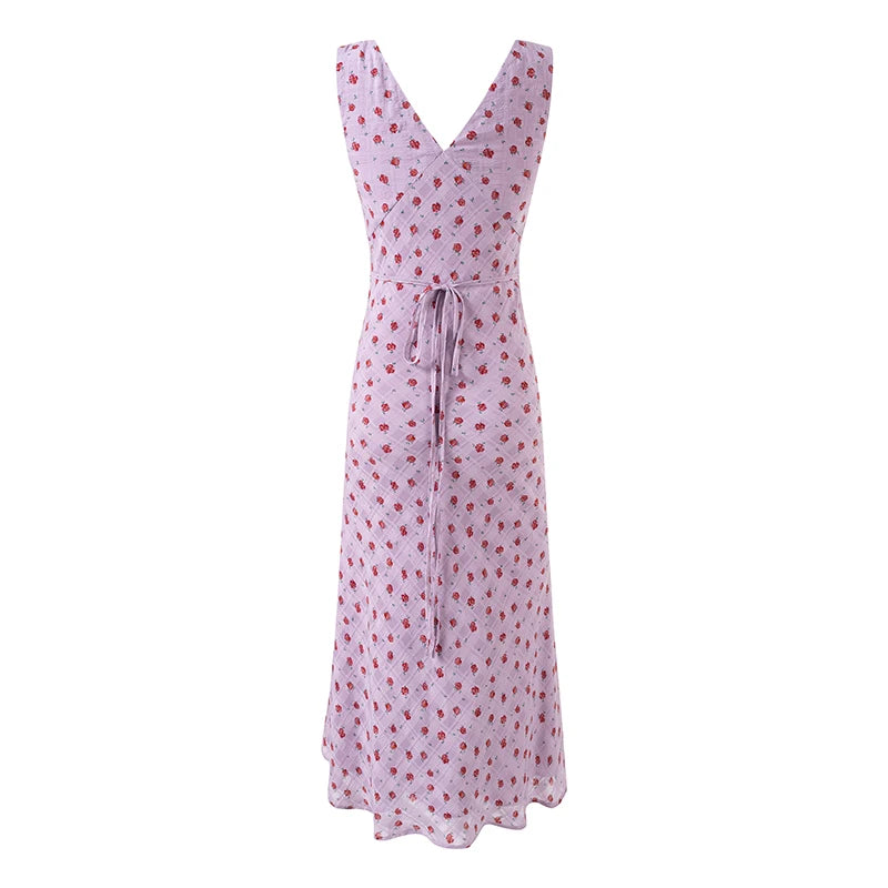 Lilac floral V-neck lace trim sleeveless midi dress back view with tie