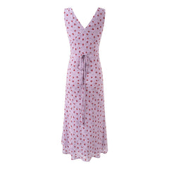 Lilac floral V-neck lace trim sleeveless midi dress back view with tie