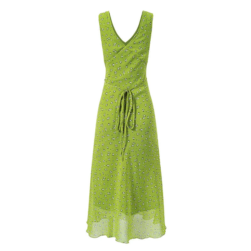 Green floral print sleeveless V-neck A-line midi dress