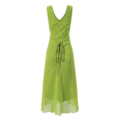 Green floral print sleeveless V-neck A-line midi dress