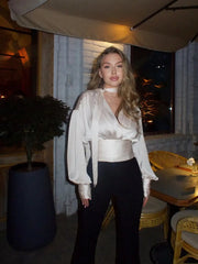 Ribbon Deep V-neck Satin Shirt