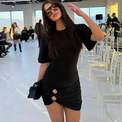 Black Short Sleeve Ruched With Gold Button Mini Dress
