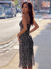 Leopard Print Lace Trim Strappy Mesh Midi Dress