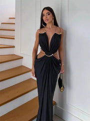 Halter Neck Chain Strap Cut Out Draped Maxi Dress