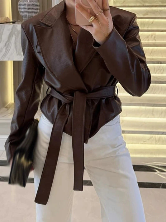 Faux leather belted lapel jacket