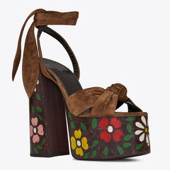 Floral Platform Bow Ankle Strap Heels