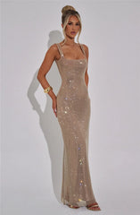 Sparkle Sequin Backless Maxi Dress – Sleeveless Club Gown with Square Neck