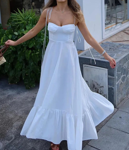 White Sling Sleeveless Open Back Lace-Up Zipper Pleated Dress