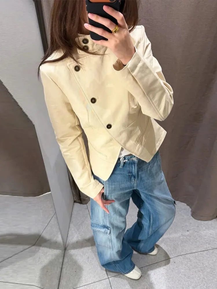 Fitted asymmetric button-front top with jeans