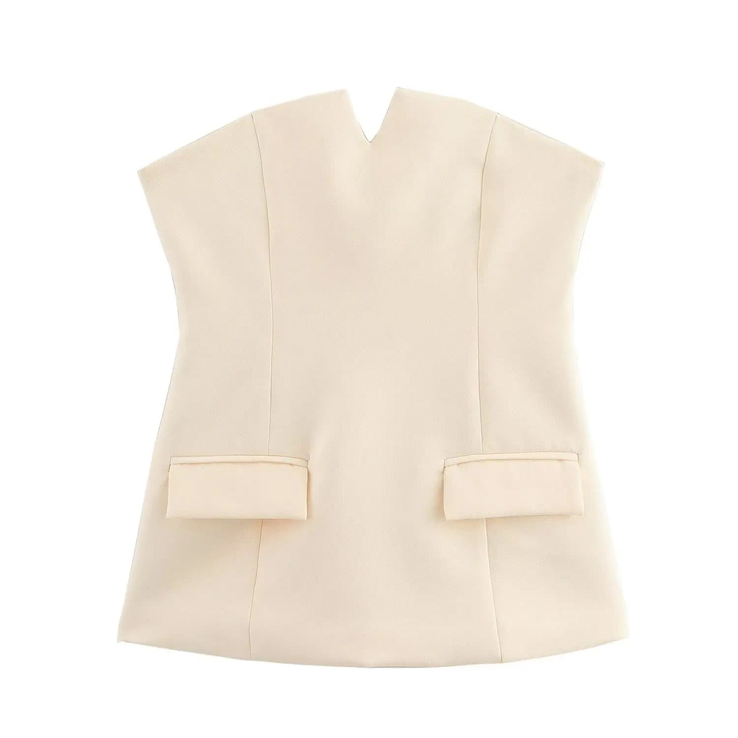 Beige sleeveless top with a V-neckline