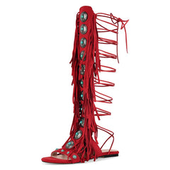 Fringed Gladiator Open Toe Flat Sandals