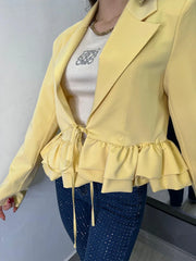 Ruffled Hem Lace-Up Crop Blazer