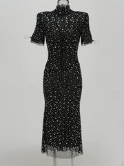 Black Beaded Sheath Dress | Elegant Short Sleeve Gown