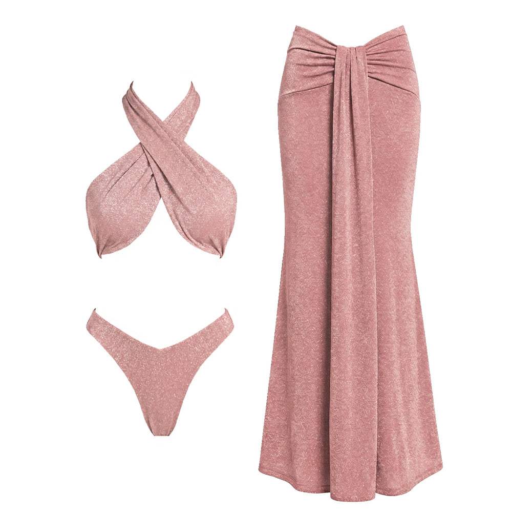 Sparkling bikini top and draped maxi skirt in pink